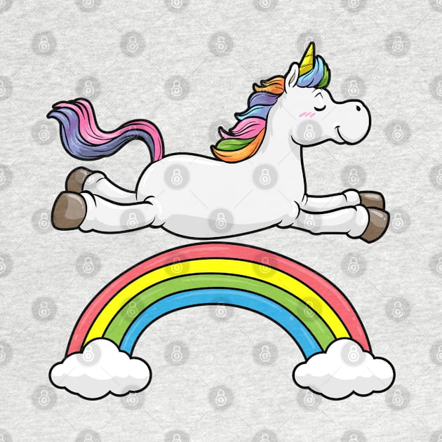 Floating unicorn on a rainbow with clouds by Markus Schnabel